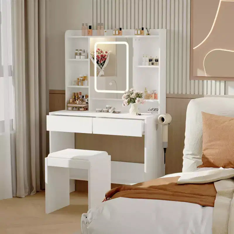 Bureau avec miroir, pour chambre à coucher, 3 couleurs d'éclairage réglables, comprend un tabouret rembourré, des étagères de rangement dissimulées, des prises USB, un support pour sèche-cheveux, blanc