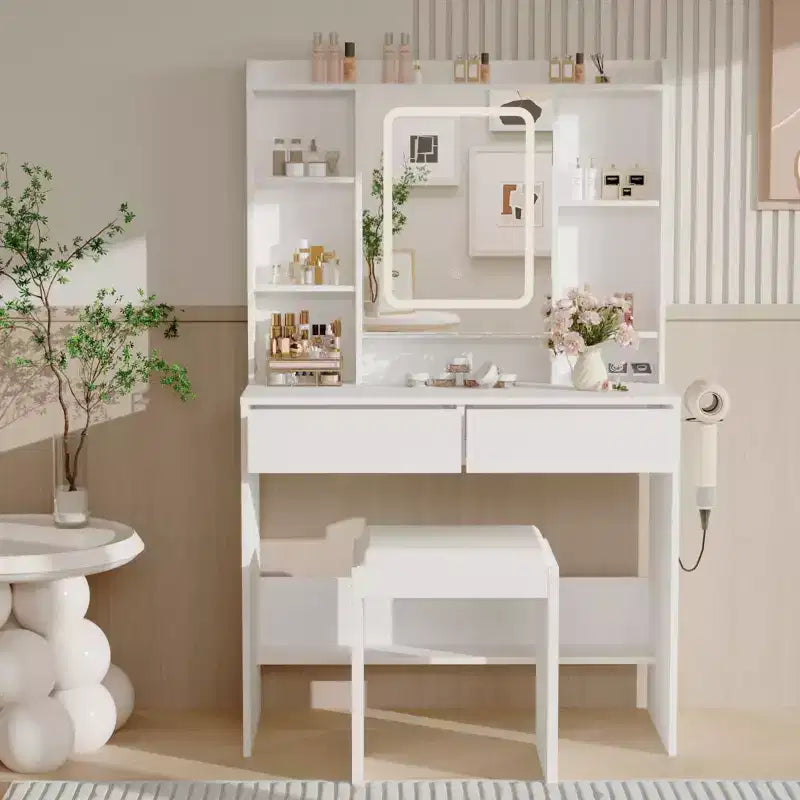Bureau avec miroir, pour chambre à coucher, 3 couleurs d'éclairage réglables, comprend un tabouret rembourré, des étagères de rangement dissimulées, des prises USB, un support pour sèche-cheveux, blanc