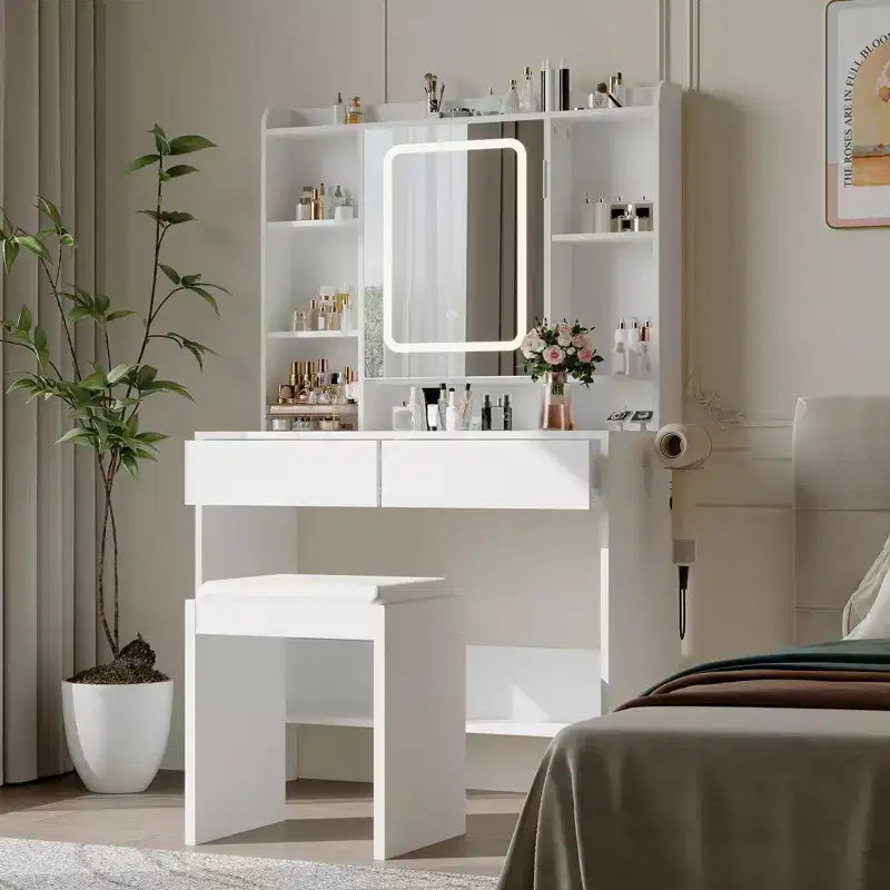Bureau avec miroir, pour chambre à coucher, 3 couleurs d'éclairage réglables, comprend un tabouret rembourré, des étagères de rangement dissimulées, des prises USB, un support pour sèche-cheveux, blanc
