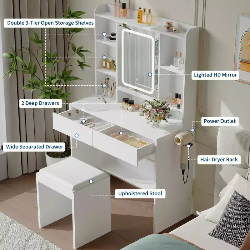 Bureau avec miroir, pour chambre à coucher, 3 couleurs d'éclairage réglables, comprend un tabouret rembourré, des étagères de rangement dissimulées, des prises USB, un support pour sèche-cheveux, blanc