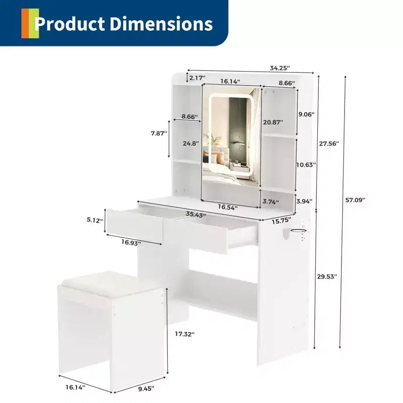 Bureau avec miroir, pour chambre à coucher, 3 couleurs d'éclairage réglables, comprend un tabouret rembourré, des étagères de rangement dissimulées, des prises USB, un support pour sèche-cheveux, blanc