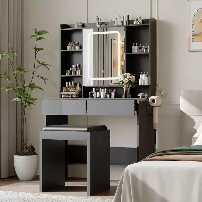 Bureau avec miroir, pour chambre à coucher, 3 couleurs d'éclairage réglables, comprend un tabouret rembourré, des étagères de rangement dissimulées, des prises USB, un support pour sèche-cheveux, blanc