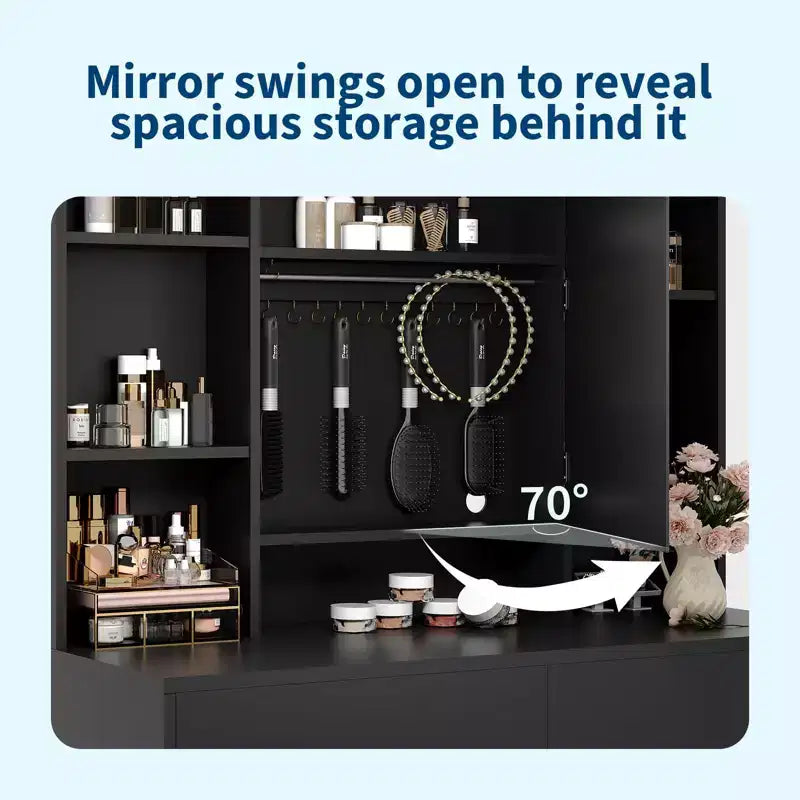 Bureau avec miroir, pour chambre à coucher, 3 couleurs d'éclairage réglables, comprend un tabouret rembourré, des étagères de rangement dissimulées, des prises USB, un support pour sèche-cheveux, blanc
