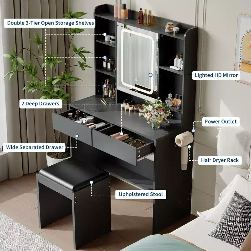 Bureau avec miroir, pour chambre à coucher, 3 couleurs d'éclairage réglables, comprend un tabouret rembourré, des étagères de rangement dissimulées, des prises USB, un support pour sèche-cheveux, blanc