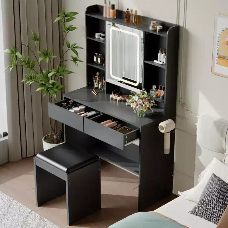 Bureau avec miroir, pour chambre à coucher, 3 couleurs d'éclairage réglables, comprend un tabouret rembourré, des étagères de rangement dissimulées, des prises USB, un support pour sèche-cheveux, blanc