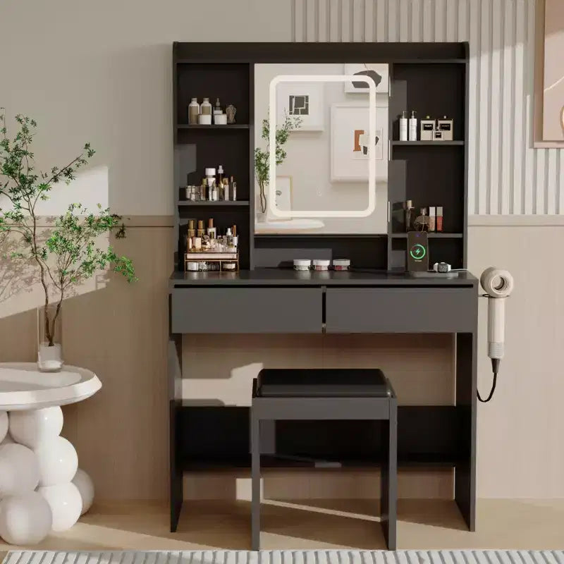 Bureau avec miroir, pour chambre à coucher, 3 couleurs d'éclairage réglables, comprend un tabouret rembourré, des étagères de rangement dissimulées, des prises USB, un support pour sèche-cheveux, blanc