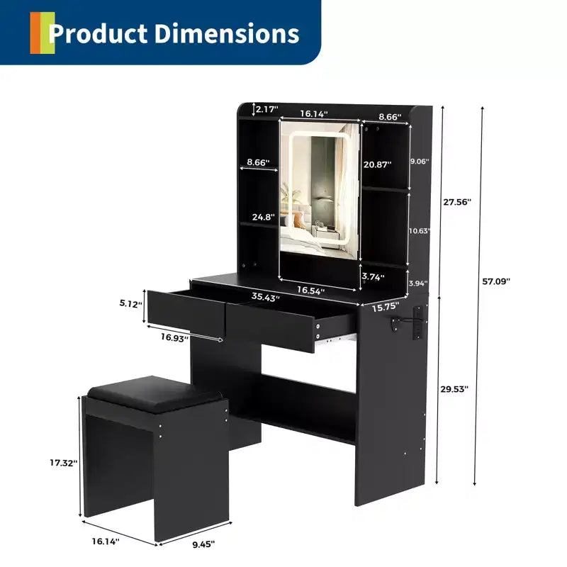 Bureau avec miroir, pour chambre à coucher, 3 couleurs d'éclairage réglables, comprend un tabouret rembourré, des étagères de rangement dissimulées, des prises USB, un support pour sèche-cheveux, blanc