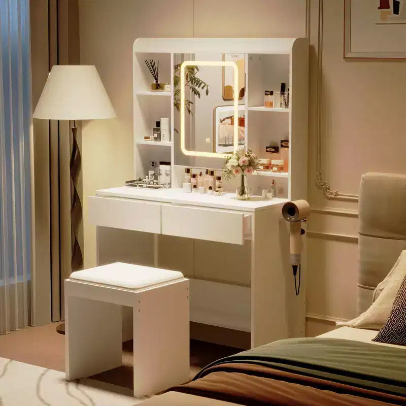 Bureau avec miroir, pour chambre à coucher, 3 couleurs d'éclairage réglables, comprend un tabouret rembourré, des étagères de rangement dissimulées, des prises USB, un support pour sèche-cheveux, blanc
