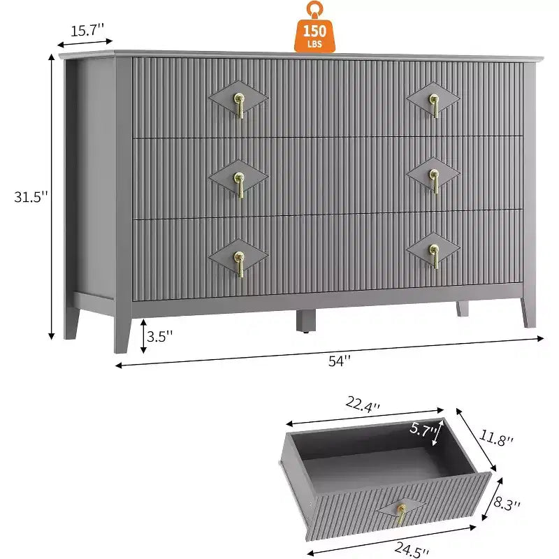 Commode cannelée à 6 tiroirs, 54 po, commode de rangement large moderne avec tiroirs profonds et dispositif anti-basculement