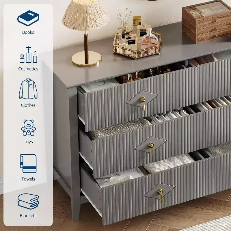 Commode cannelée à 6 tiroirs, 54 po, commode de rangement large moderne avec tiroirs profonds et dispositif anti-basculement