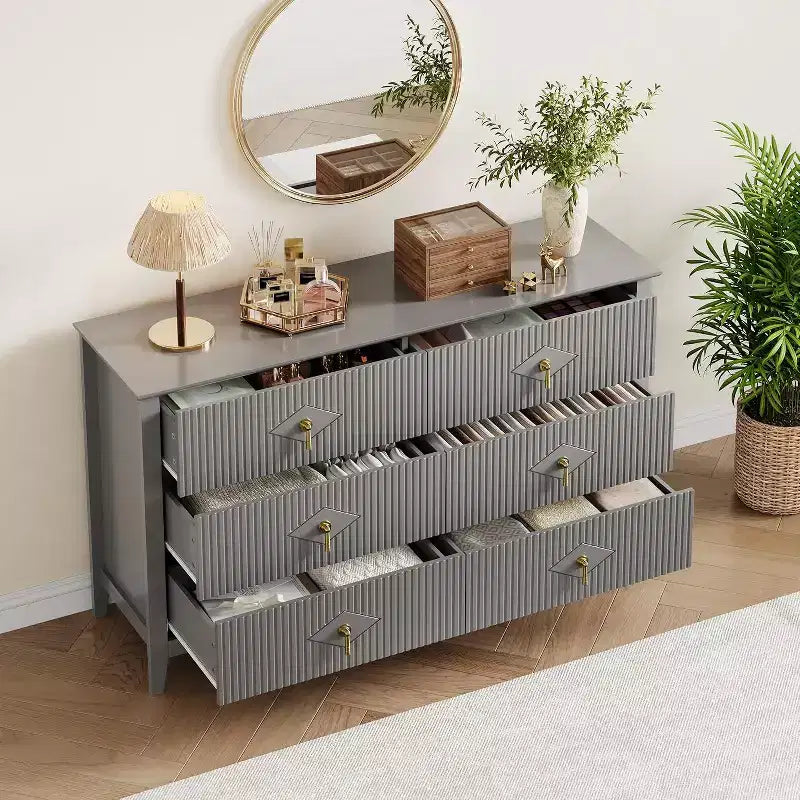 Commode cannelée à 6 tiroirs, 54 po, commode de rangement large moderne avec tiroirs profonds et dispositif anti-basculement