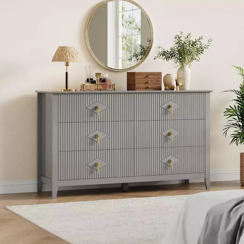 Commode cannelée à 6 tiroirs, 54 po, commode de rangement large moderne avec tiroirs profonds et dispositif anti-basculement
