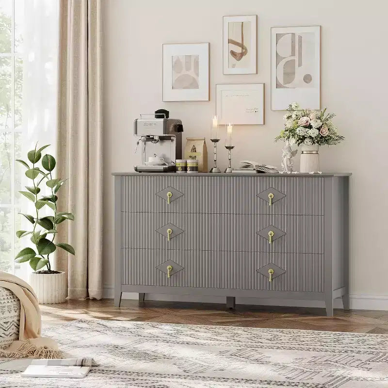 Commode cannelée à 6 tiroirs, 54 po, commode de rangement large moderne avec tiroirs profonds et dispositif anti-basculement