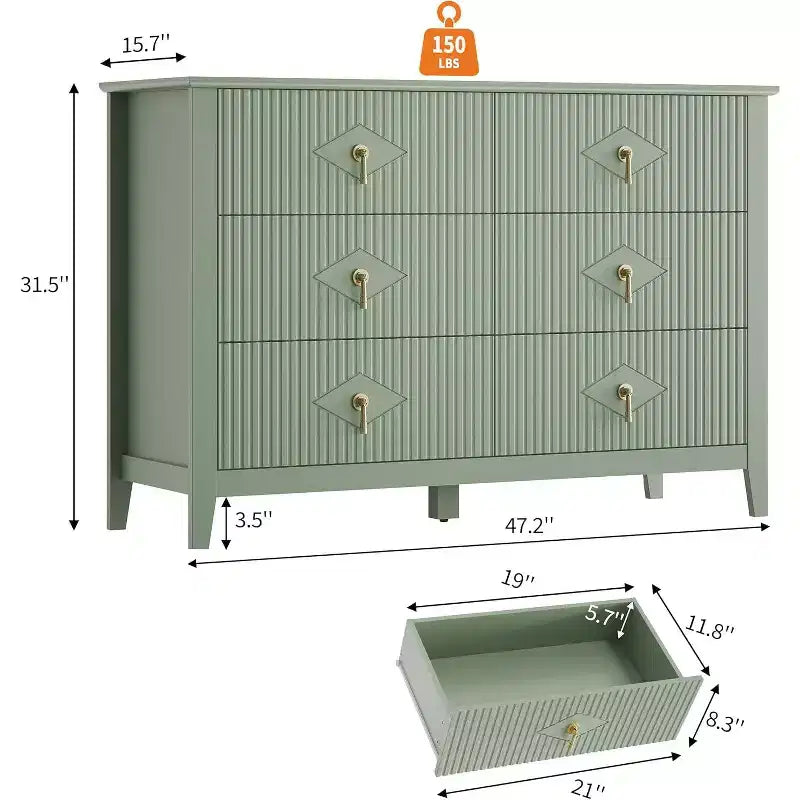 Commode cannelée à 6 tiroirs, 54 po, commode de rangement large moderne avec tiroirs profonds et dispositif anti-basculement