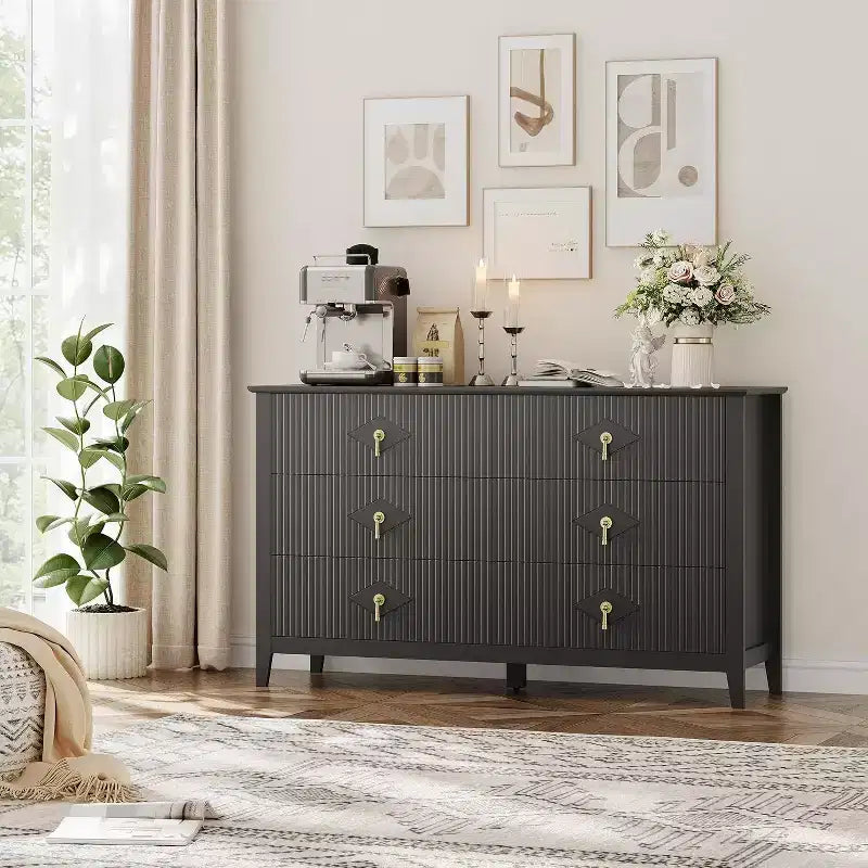 Commode cannelée à 6 tiroirs, 54 po, commode de rangement large moderne avec tiroirs profonds et dispositif anti-basculement