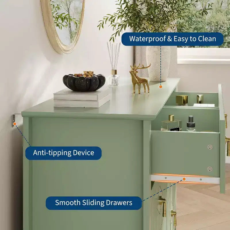Commode cannelée à 6 tiroirs, 54 po, commode de rangement large moderne avec tiroirs profonds et dispositif anti-basculement