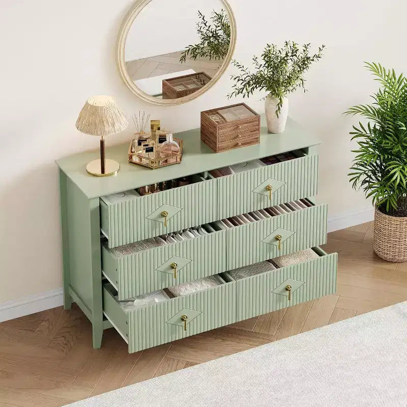 Commode cannelée à 6 tiroirs, 54 po, commode de rangement large moderne avec tiroirs profonds et dispositif anti-basculement