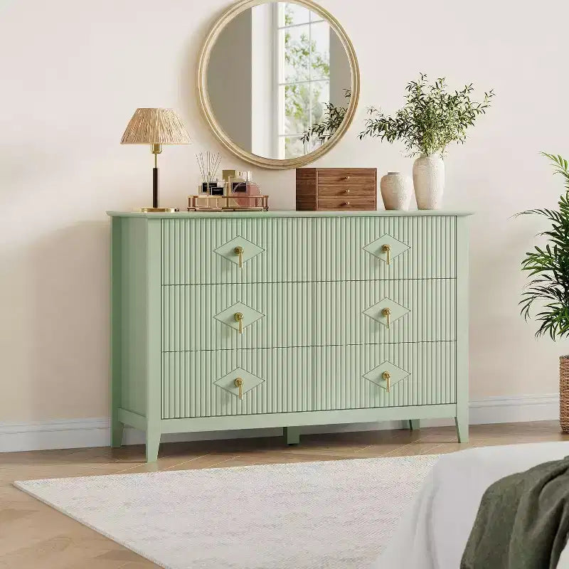 Commode cannelée à 6 tiroirs, 54 po, commode de rangement large moderne avec tiroirs profonds et dispositif anti-basculement