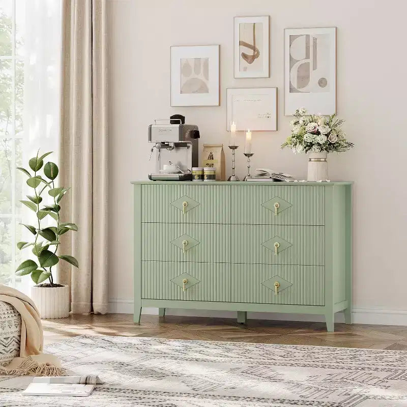 Commode cannelée à 6 tiroirs, 54 po, commode de rangement large moderne avec tiroirs profonds et dispositif anti-basculement