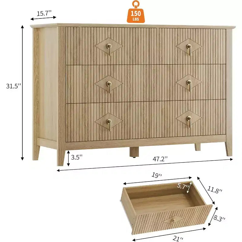 Commode cannelée à 6 tiroirs, 54 po, commode de rangement large moderne avec tiroirs profonds et dispositif anti-basculement