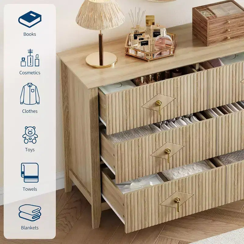 Commode cannelée à 6 tiroirs, 54 po, commode de rangement large moderne avec tiroirs profonds et dispositif anti-basculement