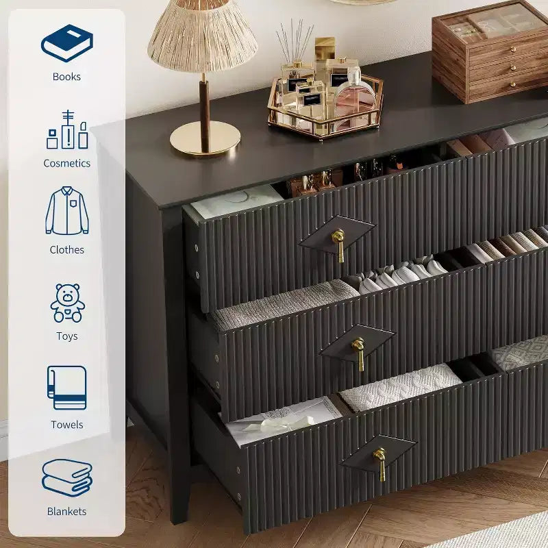 Commode cannelée à 6 tiroirs, 54 po, commode de rangement large moderne avec tiroirs profonds et dispositif anti-basculement