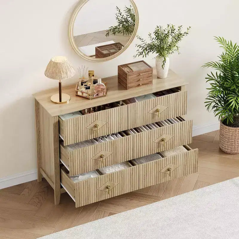 Commode cannelée à 6 tiroirs, 54 po, commode de rangement large moderne avec tiroirs profonds et dispositif anti-basculement