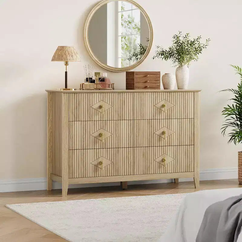 Commode cannelée à 6 tiroirs, 54 po, commode de rangement large moderne avec tiroirs profonds et dispositif anti-basculement