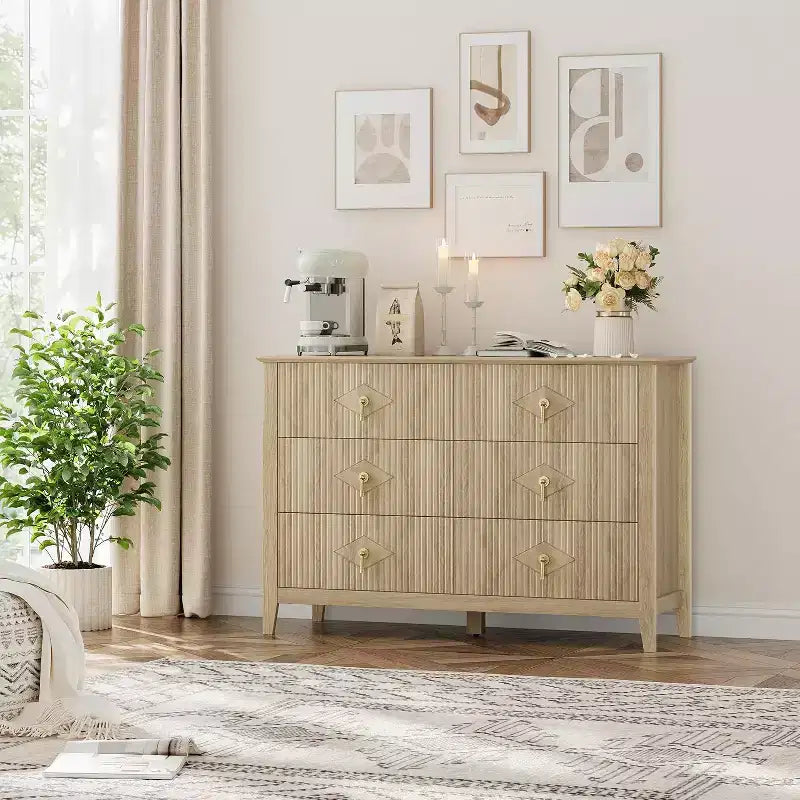 Commode cannelée à 6 tiroirs, 54 po, commode de rangement large moderne avec tiroirs profonds et dispositif anti-basculement