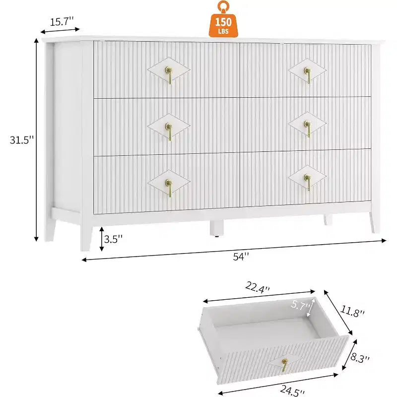 Commode cannelée à 6 tiroirs, 54 po, commode de rangement large moderne avec tiroirs profonds et dispositif anti-basculement