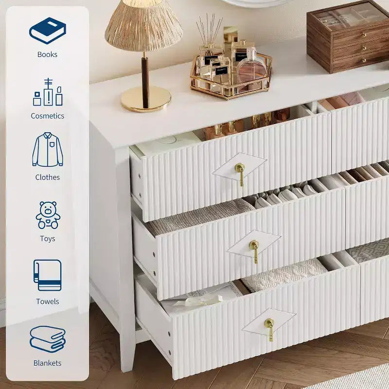 Commode cannelée à 6 tiroirs, 54 po, commode de rangement large moderne avec tiroirs profonds et dispositif anti-basculement