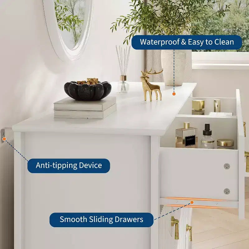 Commode cannelée à 6 tiroirs, 54 po, commode de rangement large moderne avec tiroirs profonds et dispositif anti-basculement
