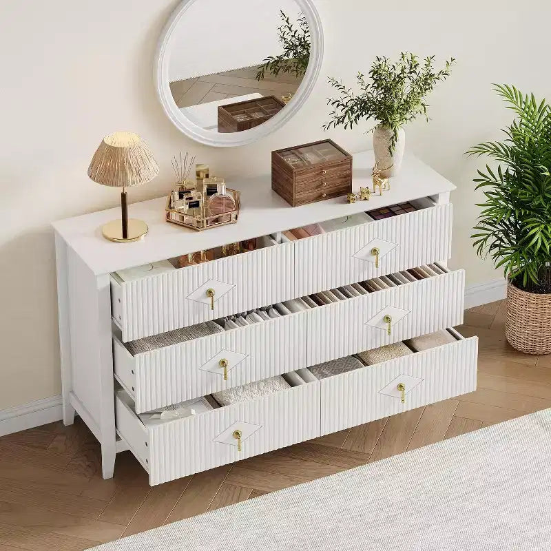 Commode cannelée à 6 tiroirs, 54 po, commode de rangement large moderne avec tiroirs profonds et dispositif anti-basculement