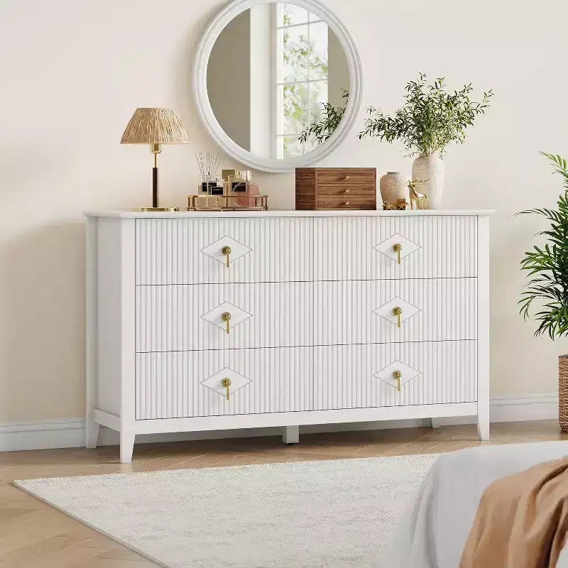 Commode cannelée à 6 tiroirs, 54 po, commode de rangement large moderne avec tiroirs profonds et dispositif anti-basculement