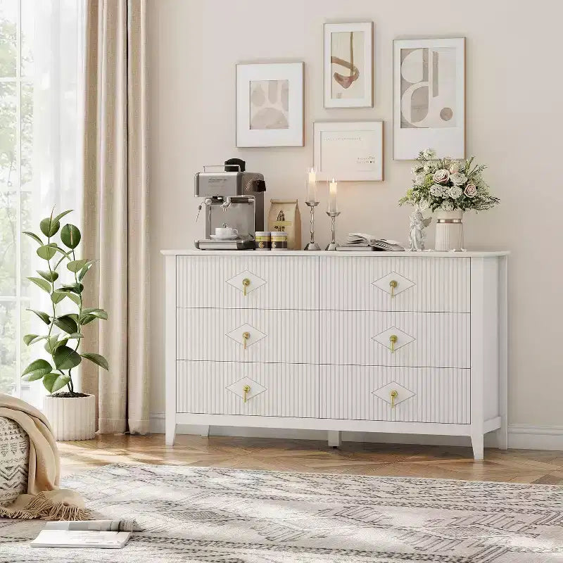 Commode cannelée à 6 tiroirs, 54 po, commode de rangement large moderne avec tiroirs profonds et dispositif anti-basculement