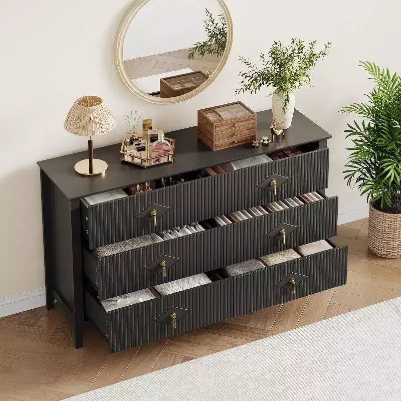 Commode cannelée à 6 tiroirs, 54 po, commode de rangement large moderne avec tiroirs profonds et dispositif anti-basculement