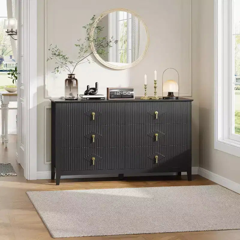 Commode cannelée à 6 tiroirs, 54 po, commode de rangement large moderne avec tiroirs profonds et dispositif anti-basculement