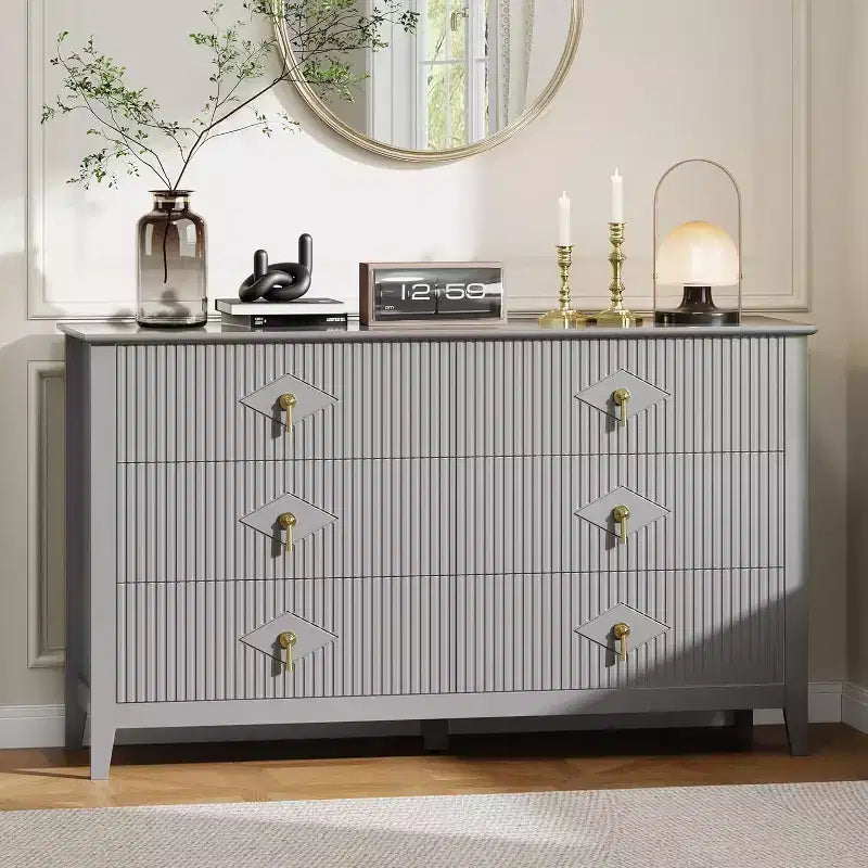 Commode cannelée à 6 tiroirs, 54 po, commode de rangement large moderne avec tiroirs profonds et dispositif anti-basculement