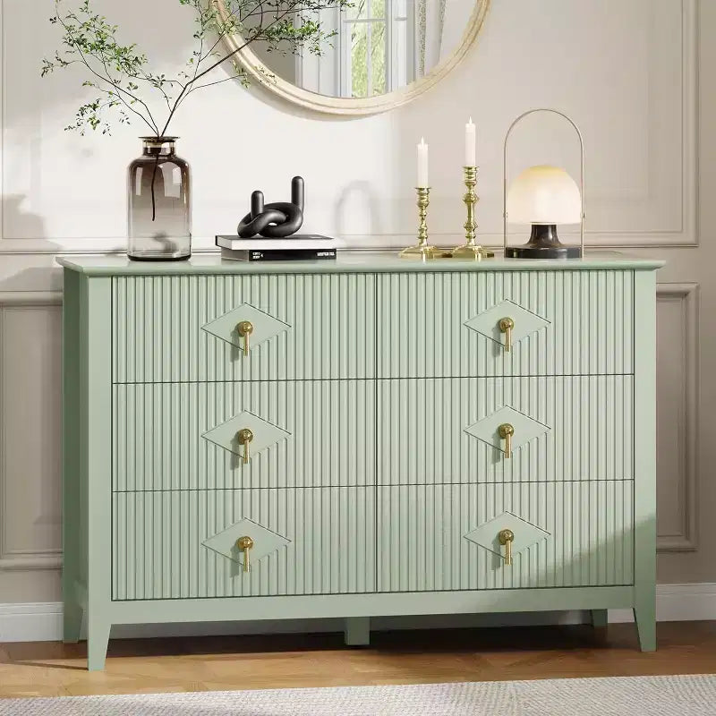 Commode cannelée à 6 tiroirs, 54 po, commode de rangement large moderne avec tiroirs profonds et dispositif anti-basculement