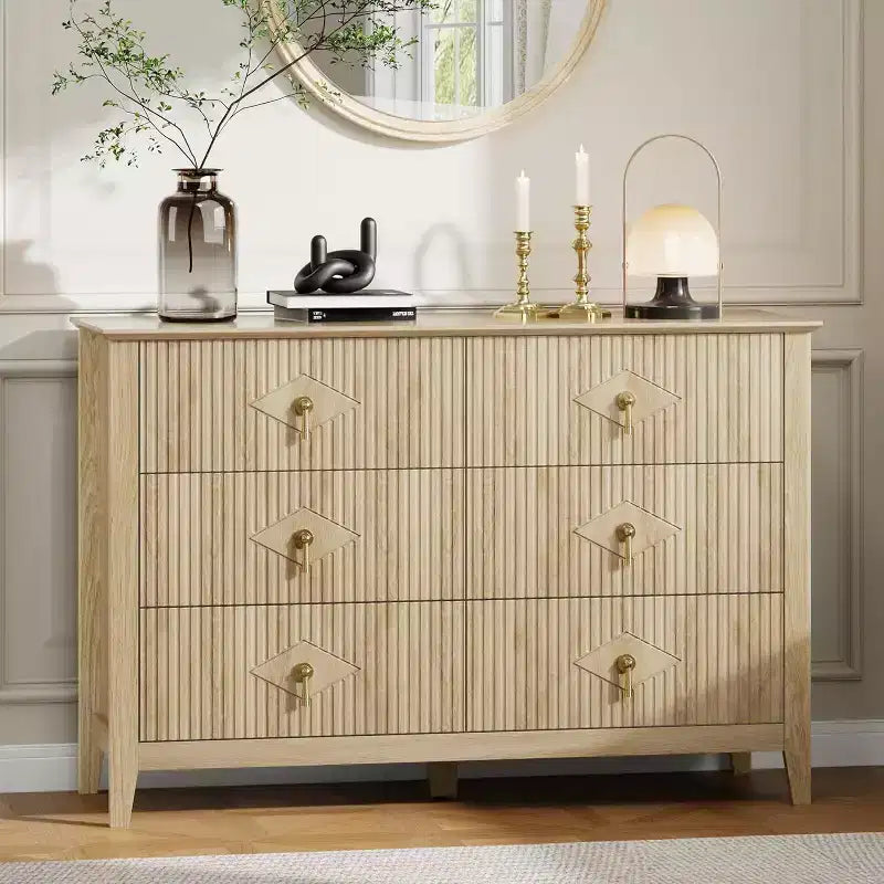 Commode cannelée à 6 tiroirs, 54 po, commode de rangement large moderne avec tiroirs profonds et dispositif anti-basculement