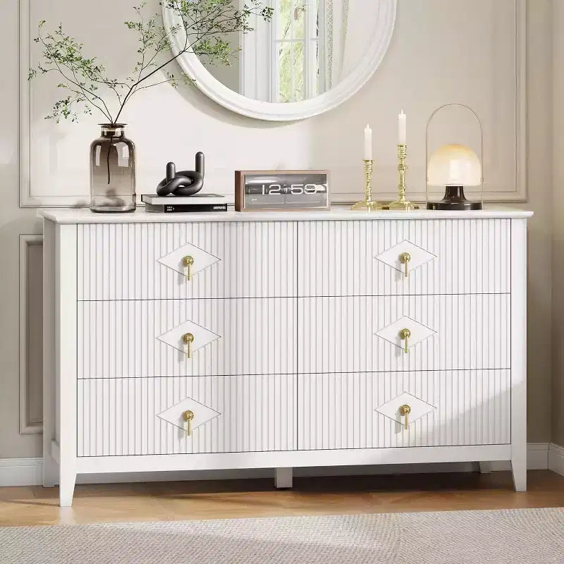 Commode cannelée à 6 tiroirs, 54 po, commode de rangement large moderne avec tiroirs profonds et dispositif anti-basculement