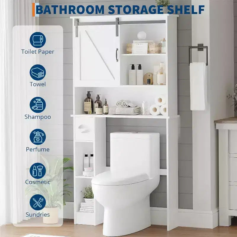 Meuble de Rangement Sur Pied Pour Toilettes avec Portes Coulissantes - Meuble de Salle de Bain Sur Pied avec Crochet pour Papier Toilette et Étagères Réglables, Blanc