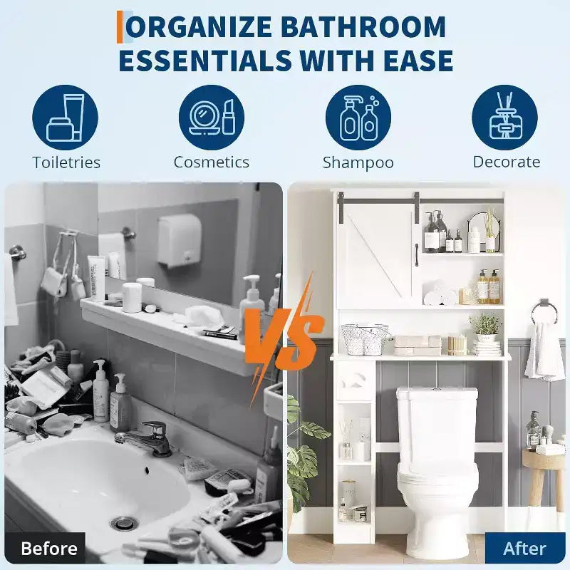 Meuble de Rangement Sur Pied Pour Toilettes avec Portes Coulissantes - Meuble de Salle de Bain Sur Pied avec Crochet pour Papier Toilette et Étagères Réglables, Blanc