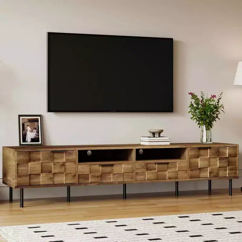 Meuble TV scandinave avec 2 tiroirs, Table console multimédia pour TV jusqu'à 85 pouces, Meuble de rangement pour salon