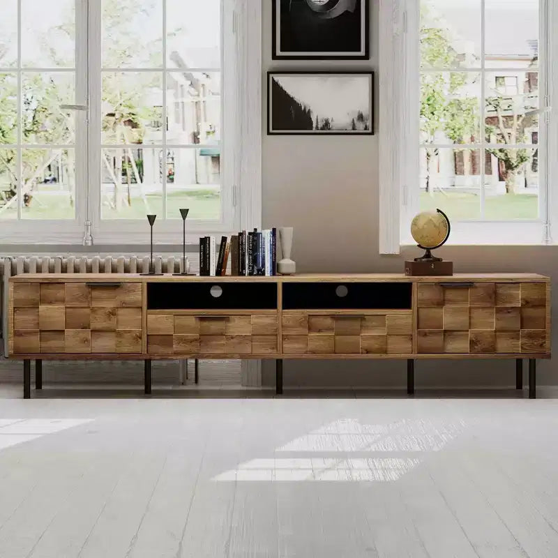 Meuble TV scandinave avec 2 tiroirs, Table console multimédia pour TV jusqu'à 85 pouces, Meuble de rangement pour salon