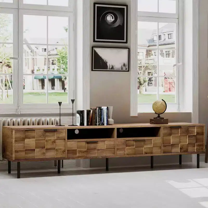Meuble TV scandinave avec 2 tiroirs, Table console multimédia pour TV jusqu'à 85 pouces, Meuble de rangement pour salon