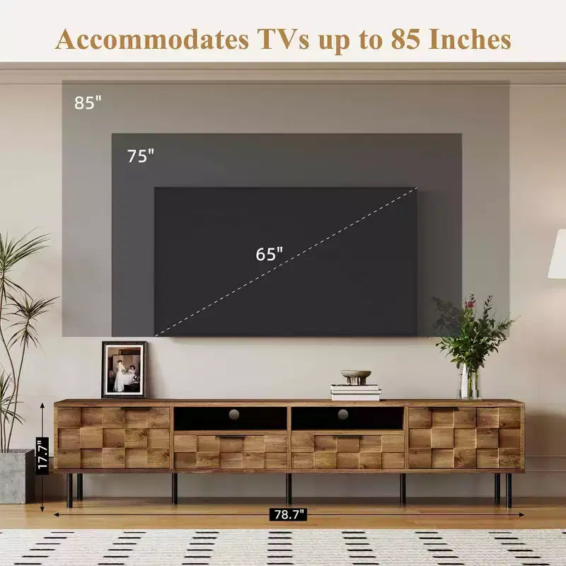 Meuble TV scandinave avec 2 tiroirs, Table console multimédia pour TV jusqu'à 85 pouces, Meuble de rangement pour salon