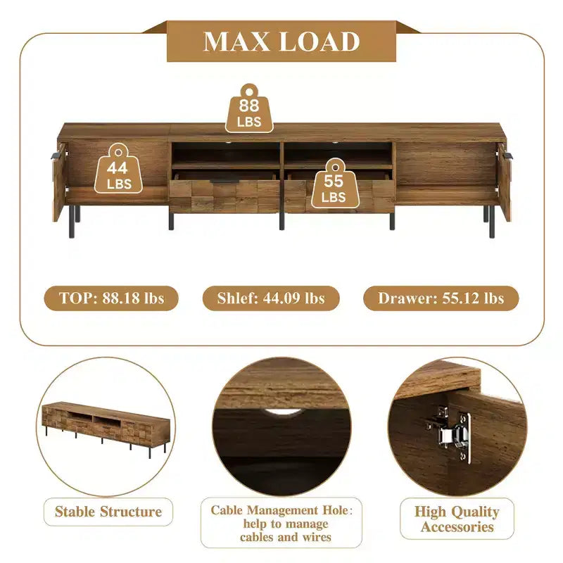 Meuble TV scandinave avec 2 tiroirs, Table console multimédia pour TV jusqu'à 85 pouces, Meuble de rangement pour salon