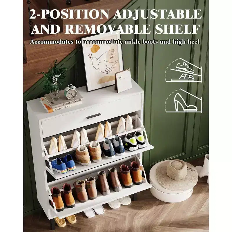 Meuble à chaussures étroit 3 tiroirs avec étagères réglables, organisateur de rangement en bois autoportant pour entrée, couloir et véranda