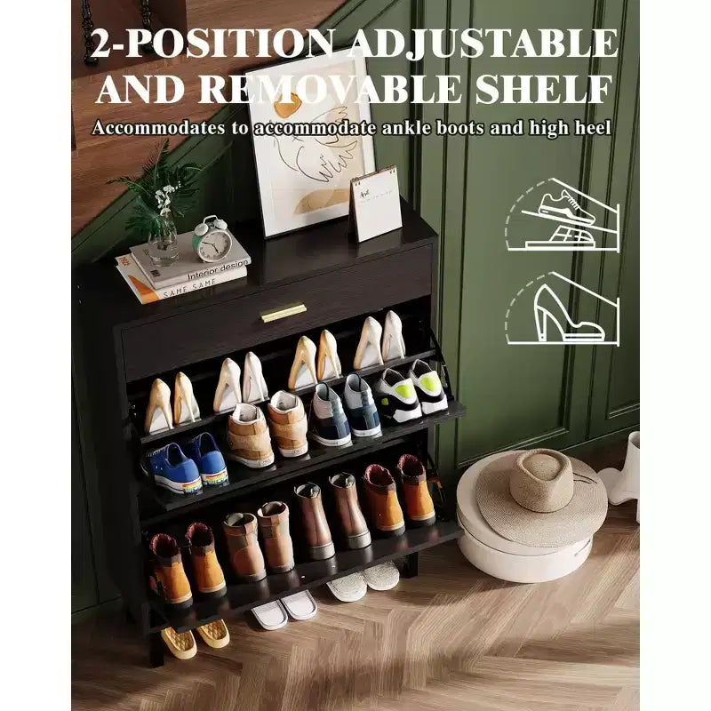Meuble à chaussures étroit 3 tiroirs avec étagères réglables, organisateur de rangement en bois autoportant pour entrée, couloir et véranda